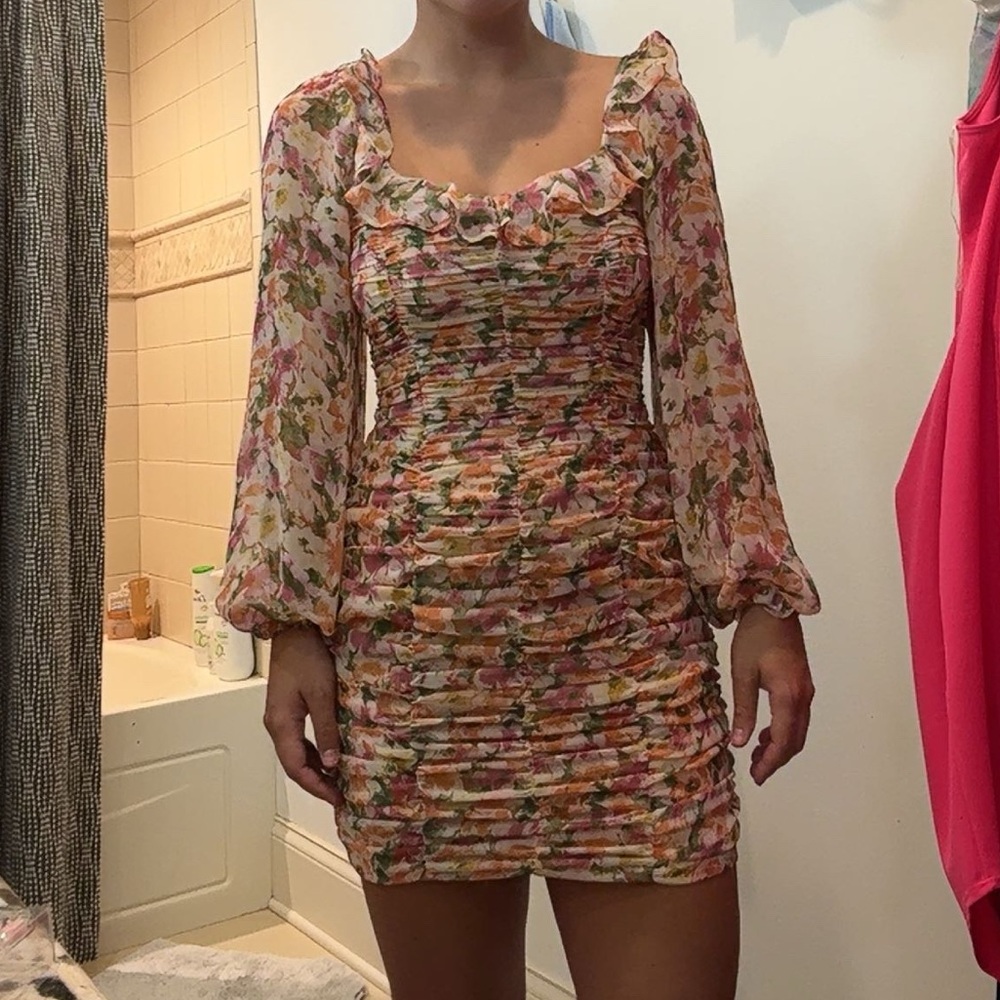 Aakaa Brown and Orange Ruched Bodycon Dress